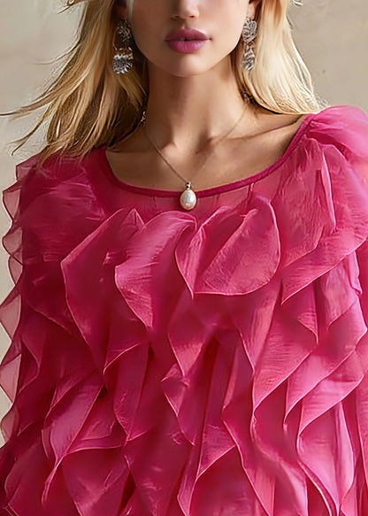 Pink O-neck Ruffled Chiffon Top Spring