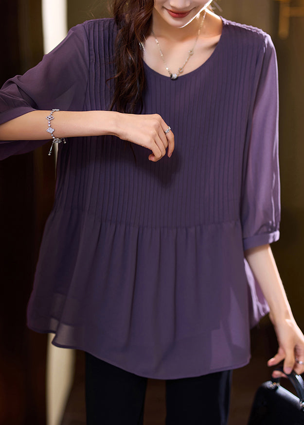 Purple Patchwork Wrinkled Chiffon Shirt Bracelet Sleeve