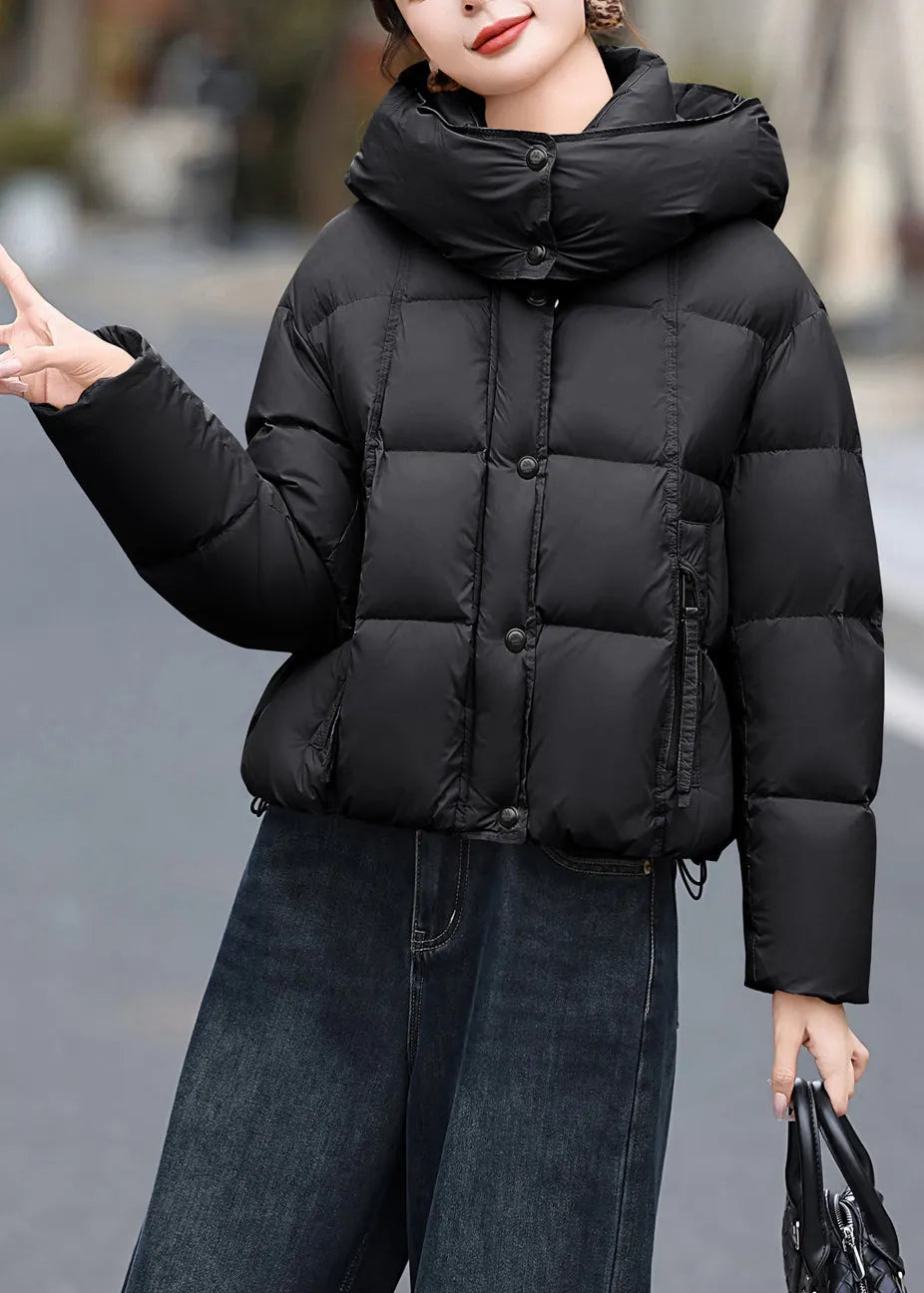 Black Pockets Duck Down Jacket Hooded Winter