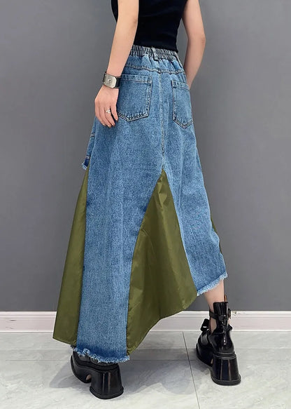 Stylish Green Asymmetrical Patchwork Denim Skirt Summer