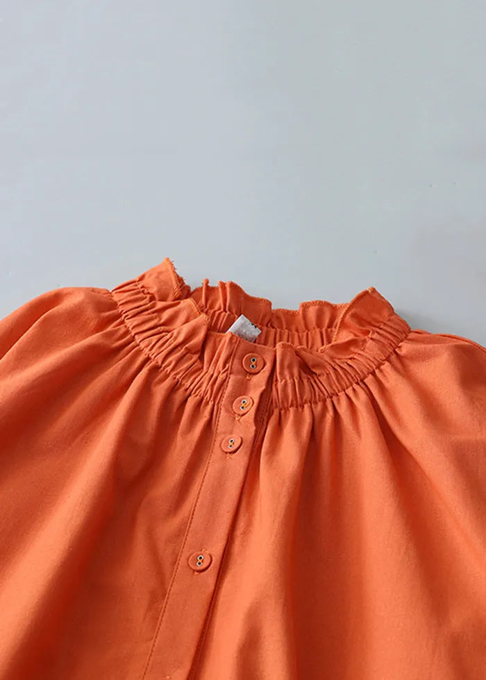 Loose Orange Stand Collar Button Pockets Linen Blouses Dress Summer