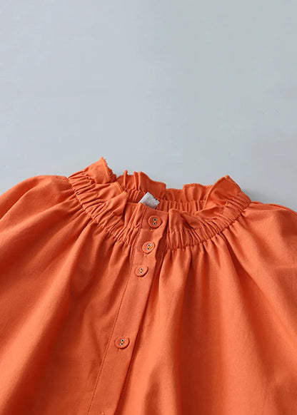 Loose Orange Stand Collar Button Pockets Linen Blouses Dress Summer