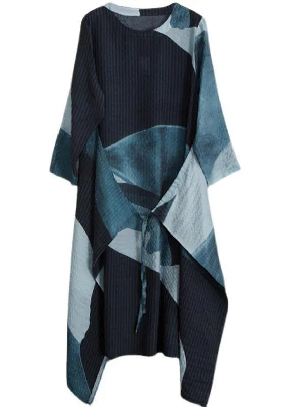 French Blue Print Quilting Clothes V Neck Asymmetric Spring Dress