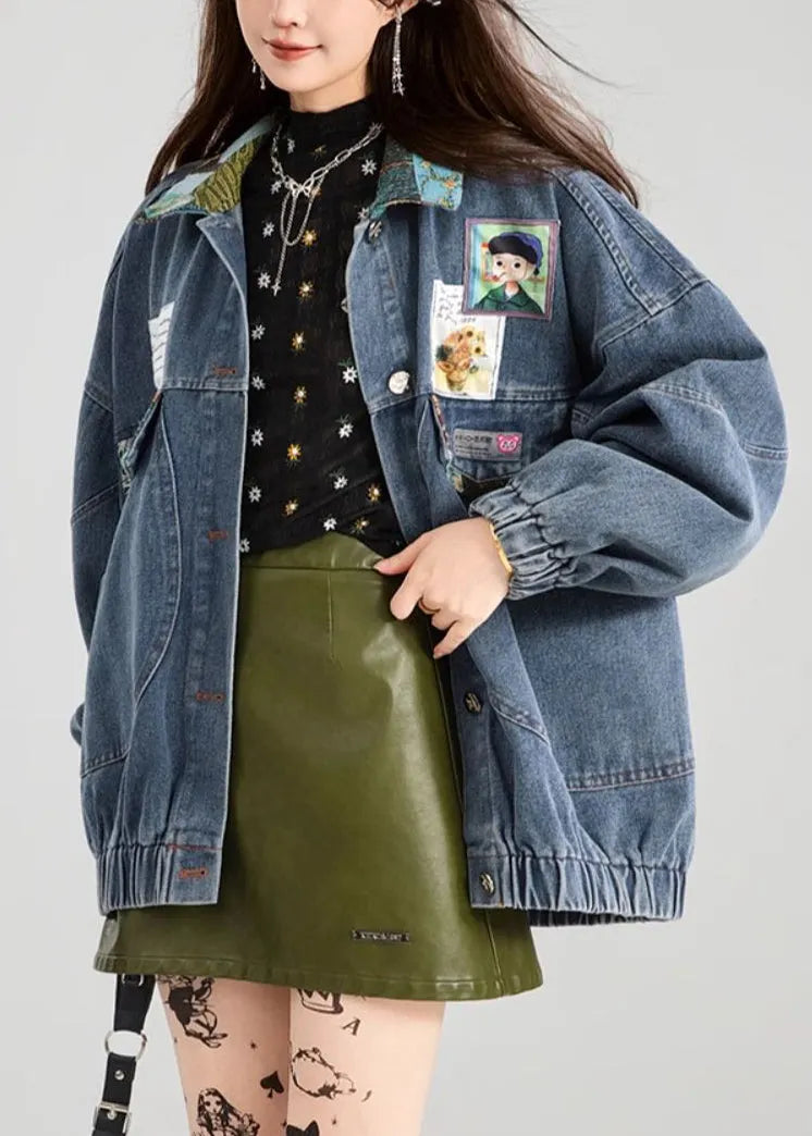 Loose Blue Bow Button Patchwork Denim Coat Spring