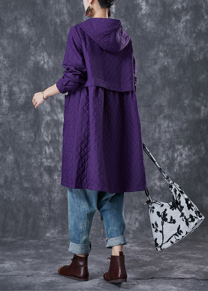 Purple Hooded Pockets Cotton Tench Coats Fall