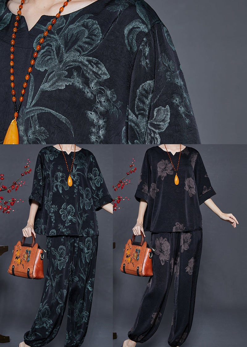 Black Oversized Lily Print Silk Two Pieces Set Summer