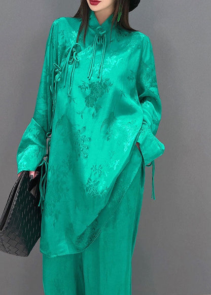 Boutique Green Mandarin Collar Tassel Silk Long Shirts and Straight Pants Two Pieces Set Long Sleeve