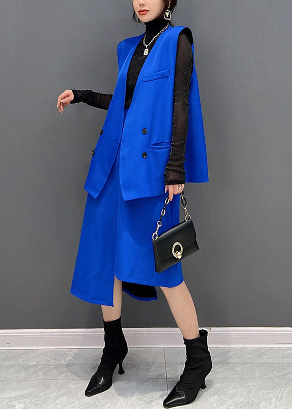 Style Blue Asymmetrical Design Spandex Vest and Skirt 2 Piece Outfit Sleeveless