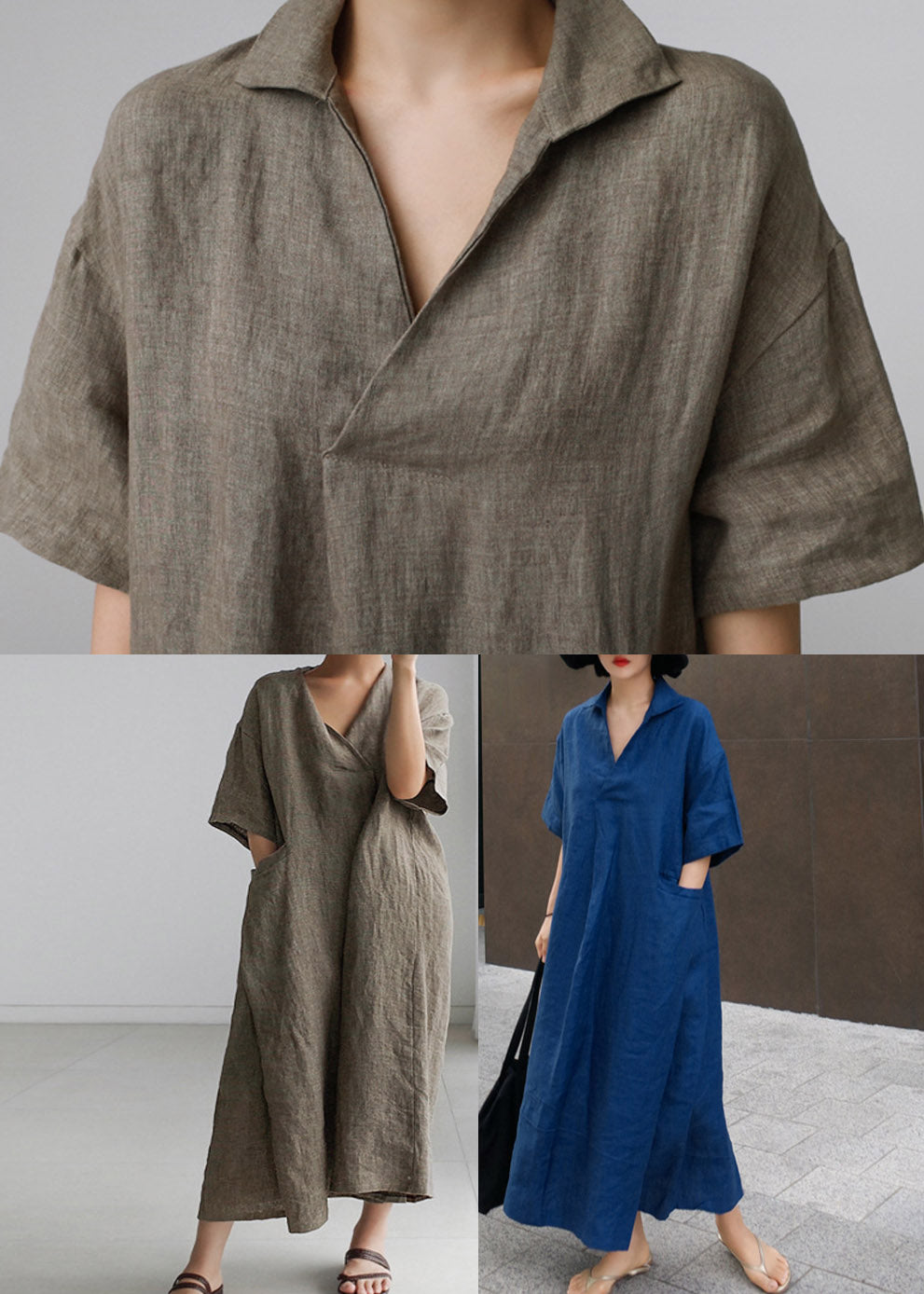 Blue Wrinkled Side Open Linen Dress Short Sleeve Summer