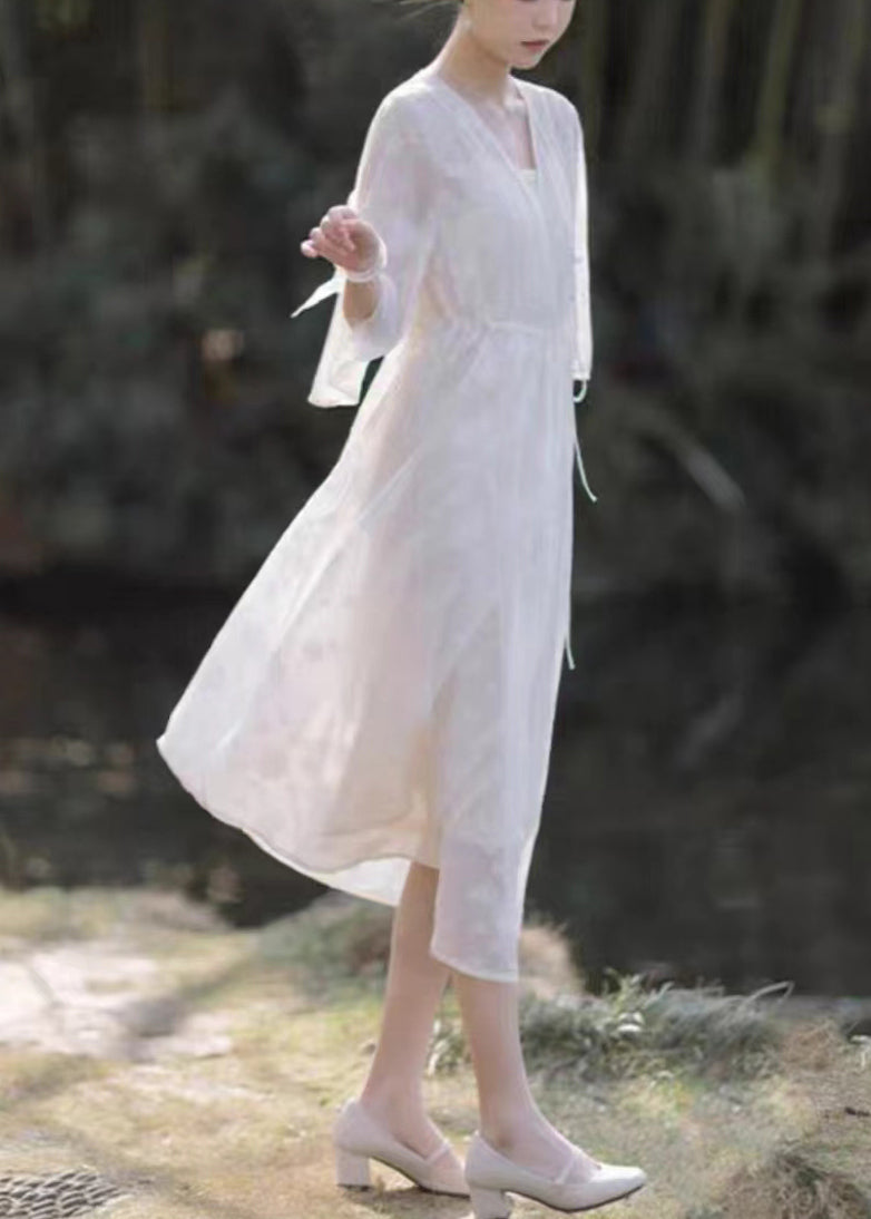 New White V Neck Lace Up Chiffon Two Pieces Set Half Sleeve