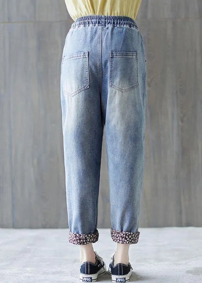 Blue Patchwork Pockets Cotton Pants Summer