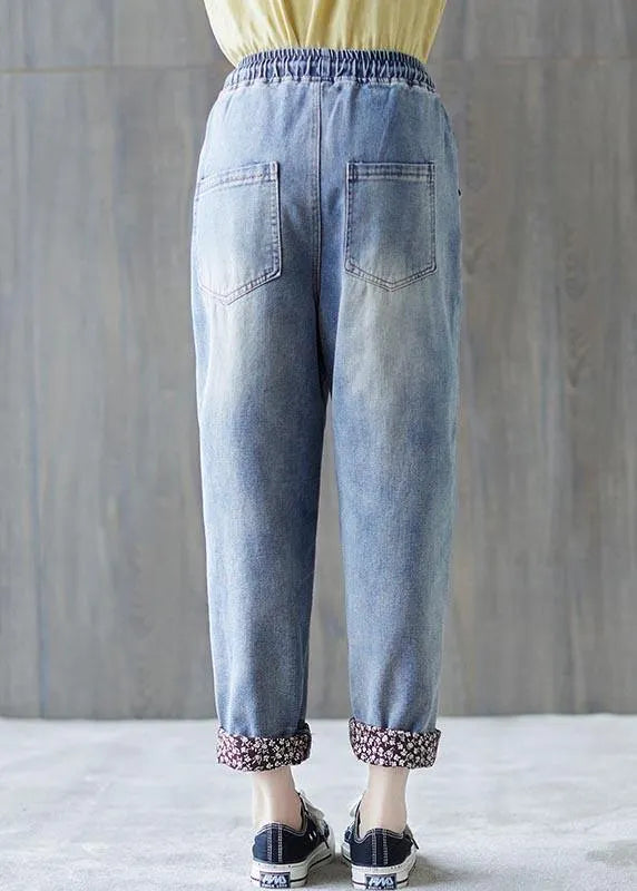 Blue Patchwork Pockets Cotton Pants Summer