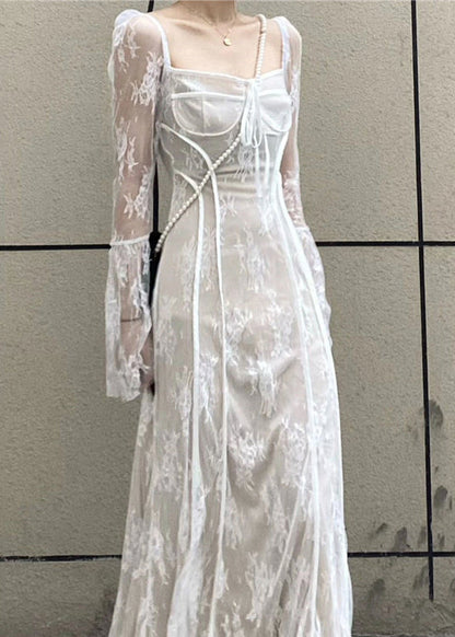 French Black Square Collar Patchwork Lace Long Dress Flare Sleeve