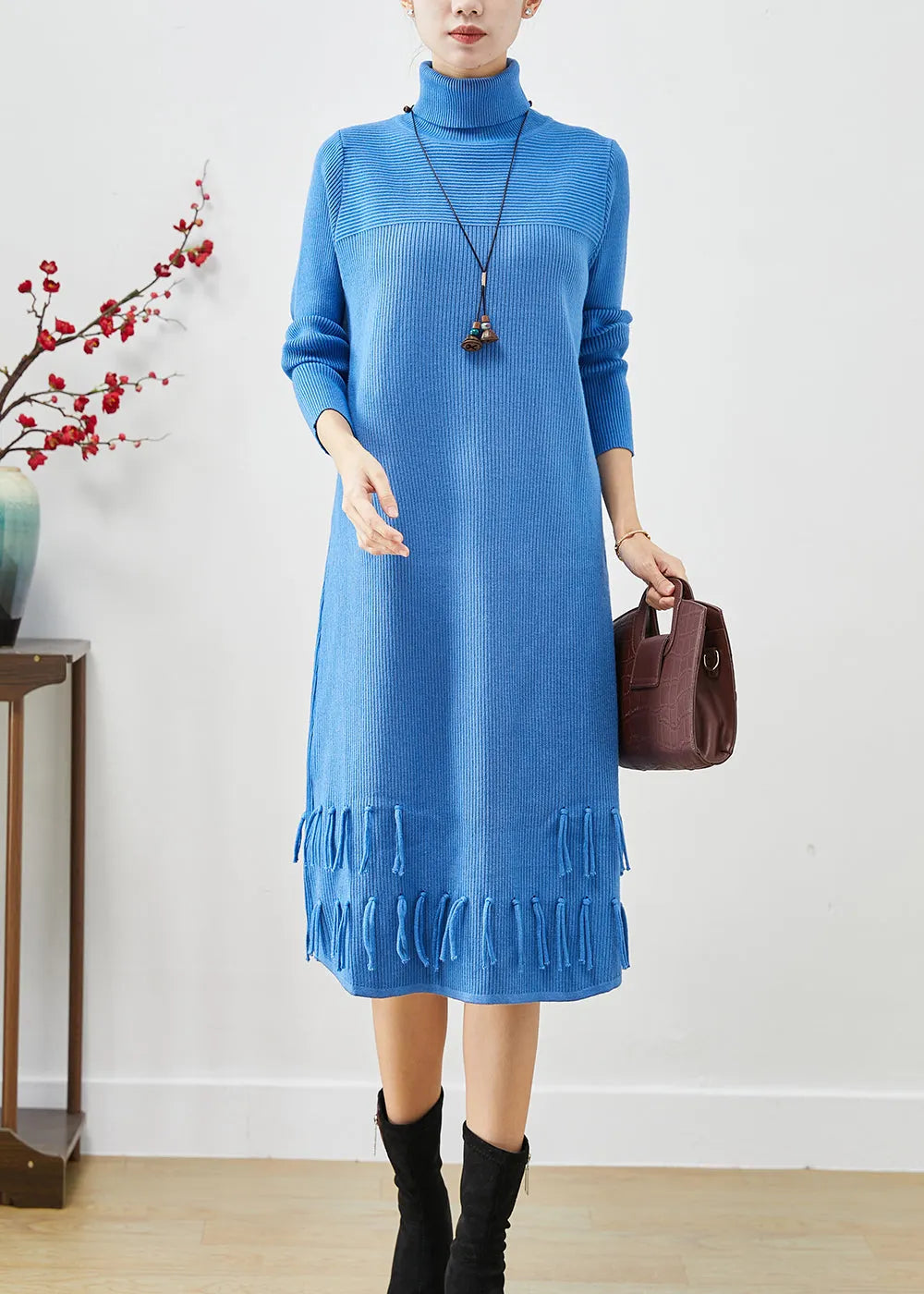 Blue Tasseled Patchwork Knit Long Dress Fall