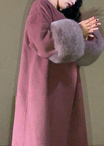 Lotus Root Pink Color O-neck Woolen Maxi Coats Long Sleeve