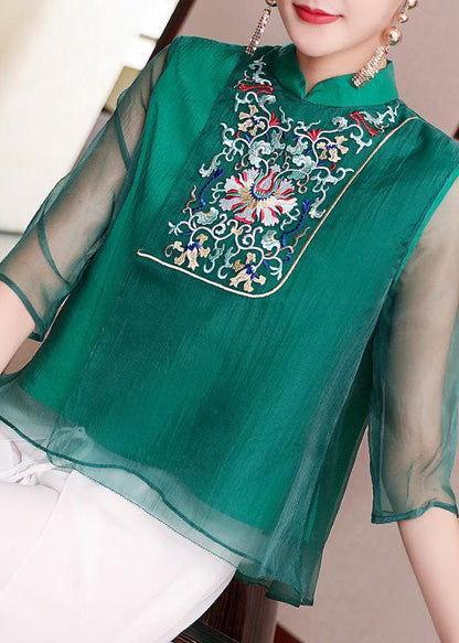 Style Green Stand Collar Button Embroideried Chiffon Top Half Sleeve