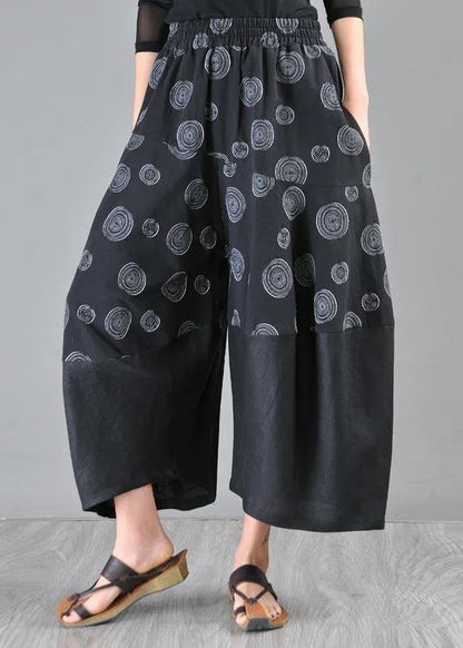 Stylish Black Print Asymmetrical Design Cotton Linen Wide Leg Pants Summer
