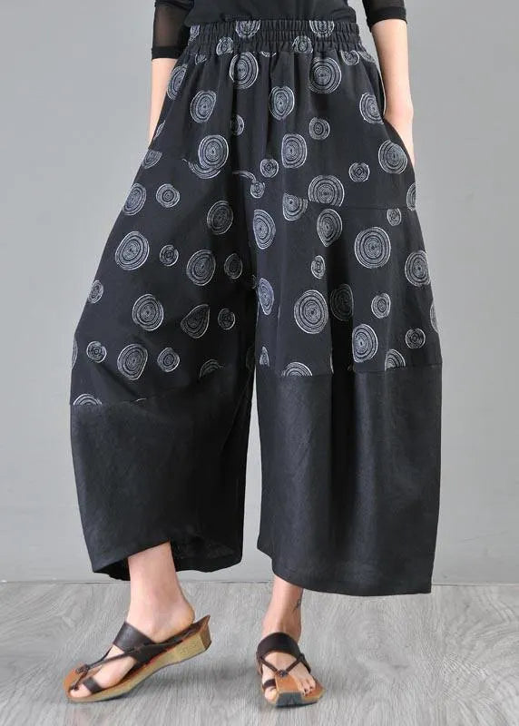 Stylish Black Print Asymmetrical Design Cotton Linen Wide Leg Pants Summer