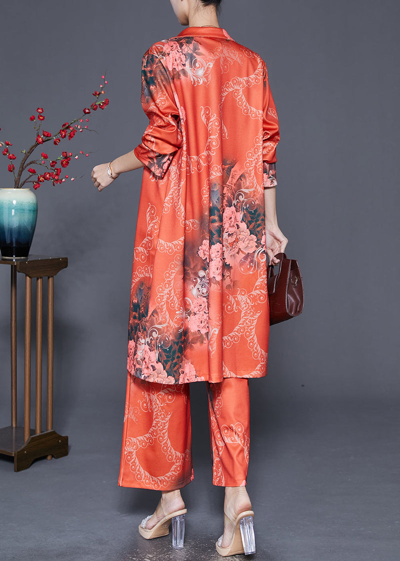 Diy Orange Lapel Print Silk Two Pieces Set Fall