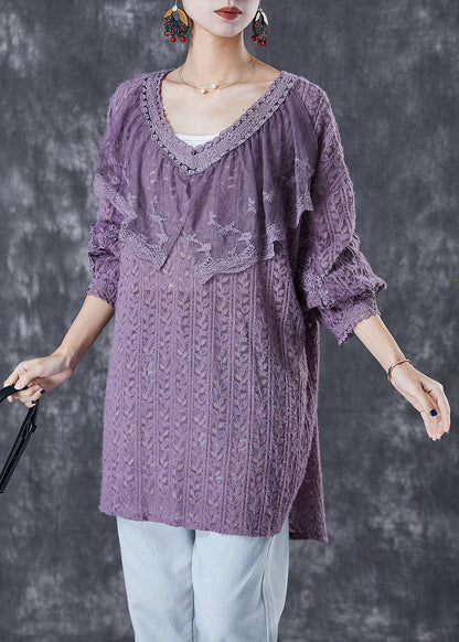 Purple V Neck Patchwork Lace Shirts Fall