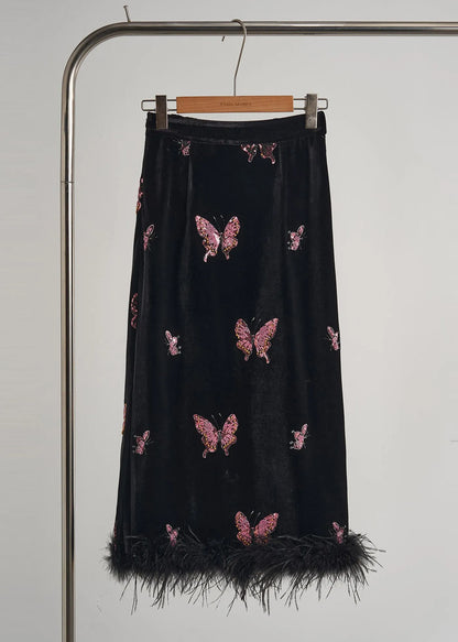 Black Butterfly Patchwork Feather Silk Velvet Two Piece Set Clothing Fall