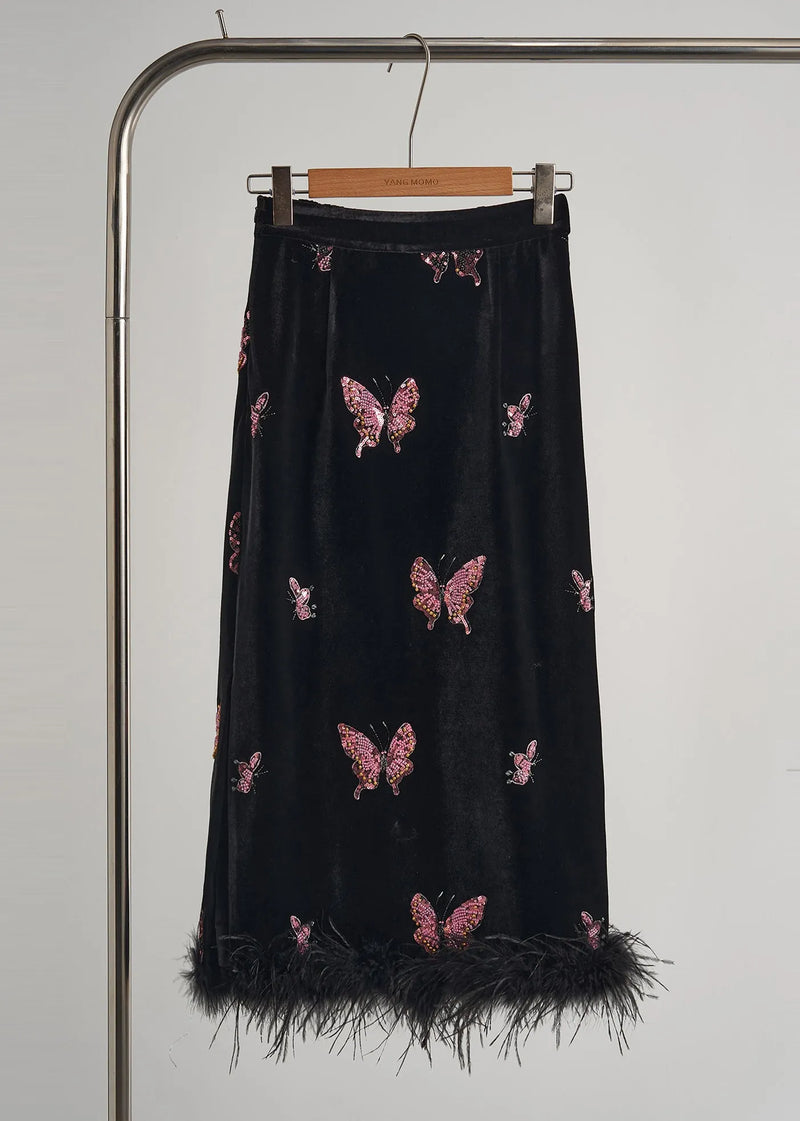 Black Butterfly Patchwork Feather Silk Velvet Two Piece Set Clothing Fall