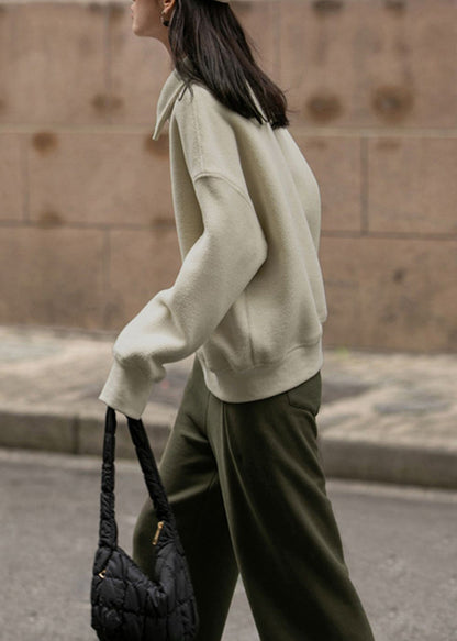 Loose Beige Peter Pan Collar Zip Up Cotton Top Fall
