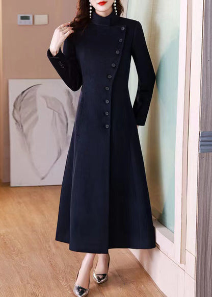 Navy Peter Pan Collar Button Woolen Long Coat Winter