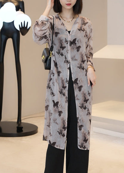 Light Brown V Neck Print Long Cardigan Summer