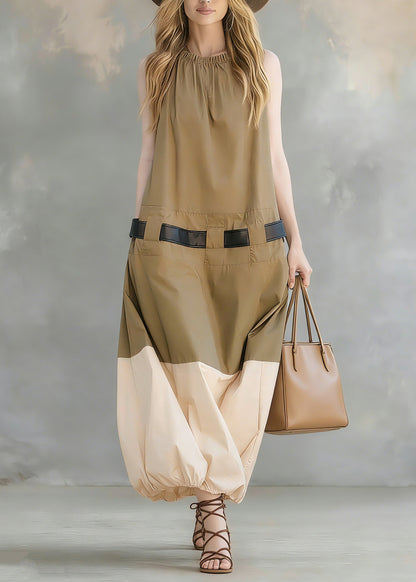 French Khaki Pockets Patchwork Cotton Dress Sleeveless Summer