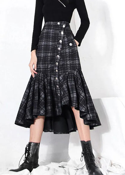 Black Low High Design Ruffles Plaid Skirt Spring
