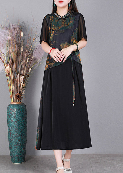 Black O-neck Print Patchwork Silk Dresses Short Sleeve