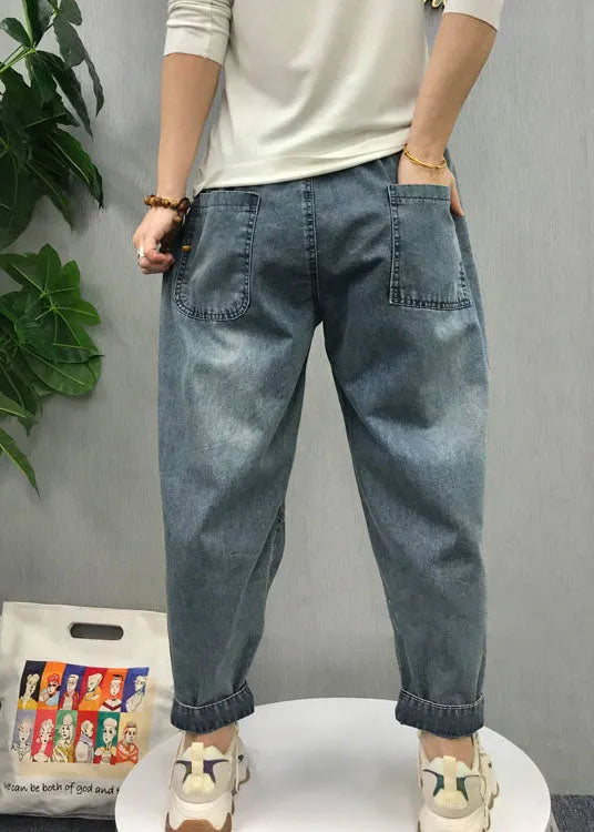 Natural Blue Embroideried Patchwork Denim Pants Spring