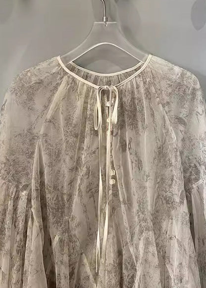 Organic Apricot Print Tie Lace Top Lantern Sleeve