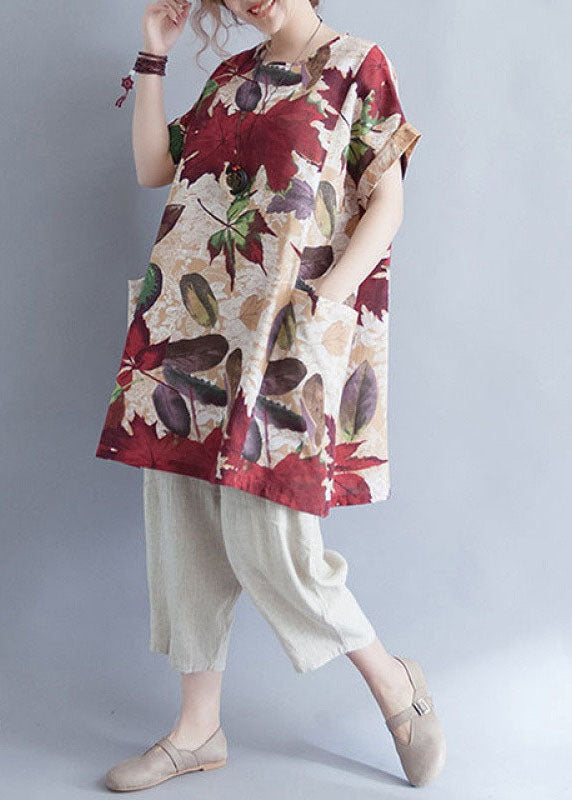 Retro O-neck Print Loose Fall Top Short Sleeve
