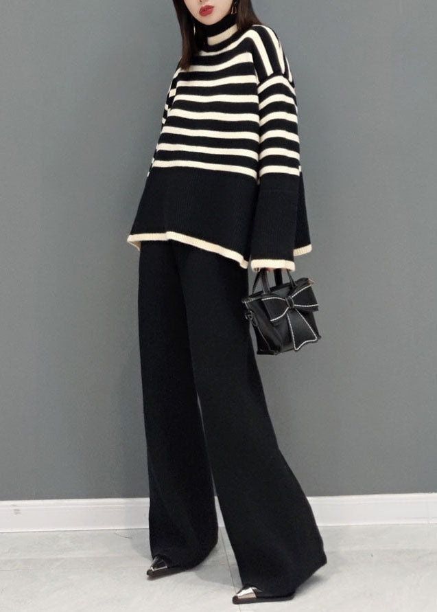 Black Turtle Neck Striped Knit Two Piece Suit Set Spring