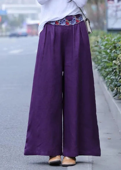 White Wrinkled Embroideried Linen Wide Leg Pants Spring