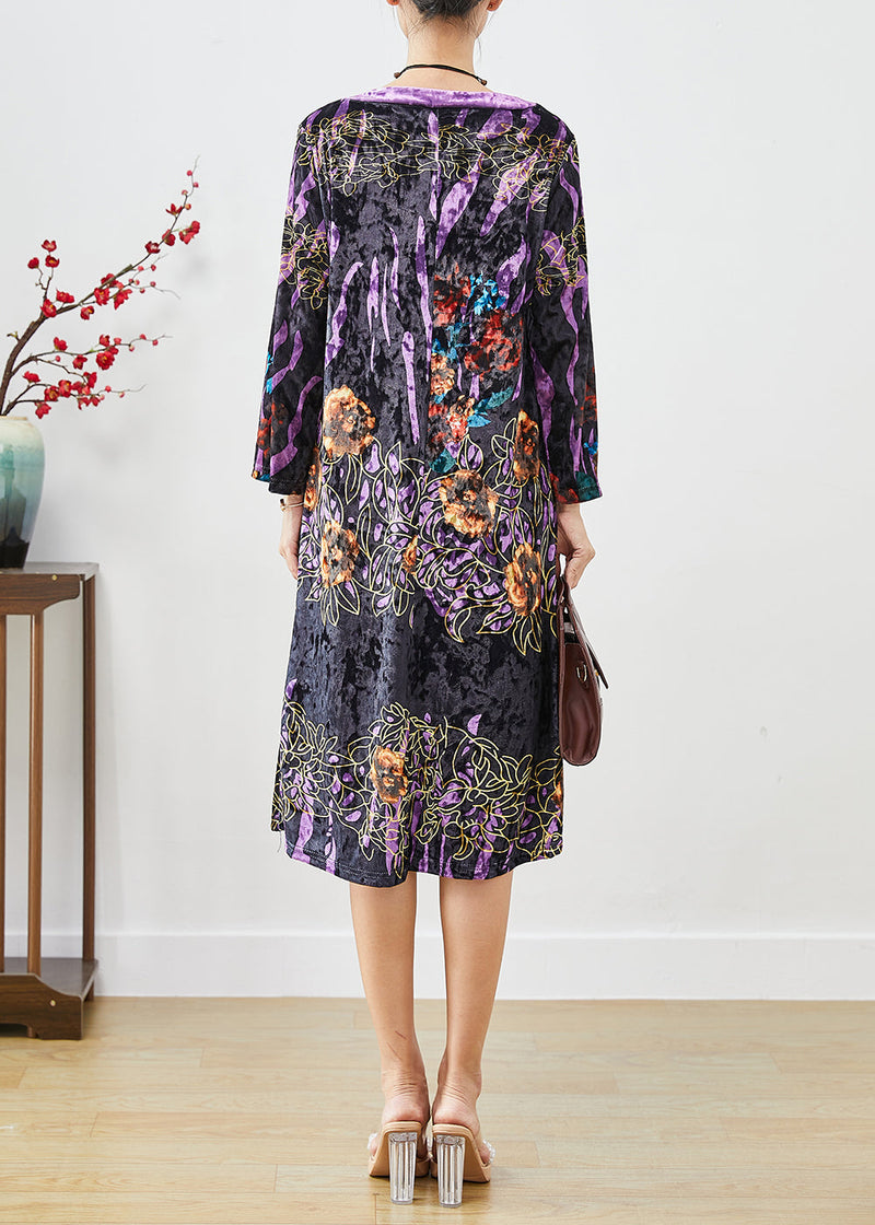 Black Print Silk Velour Mid Dress O-neck Fall