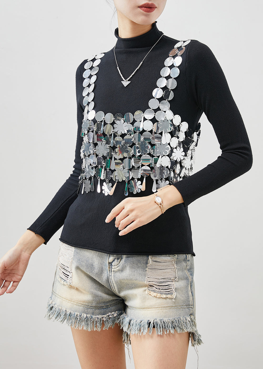 Black Sequins Vest and Shirts Cotton Two Piece Set Clothing Spring