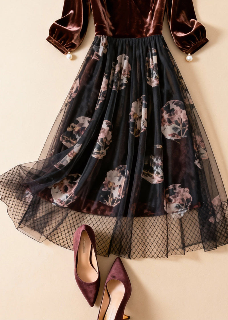 Coffee Print Pearl Tulle Patchwork Silk Velvet Dresses Bracelet Sleeve