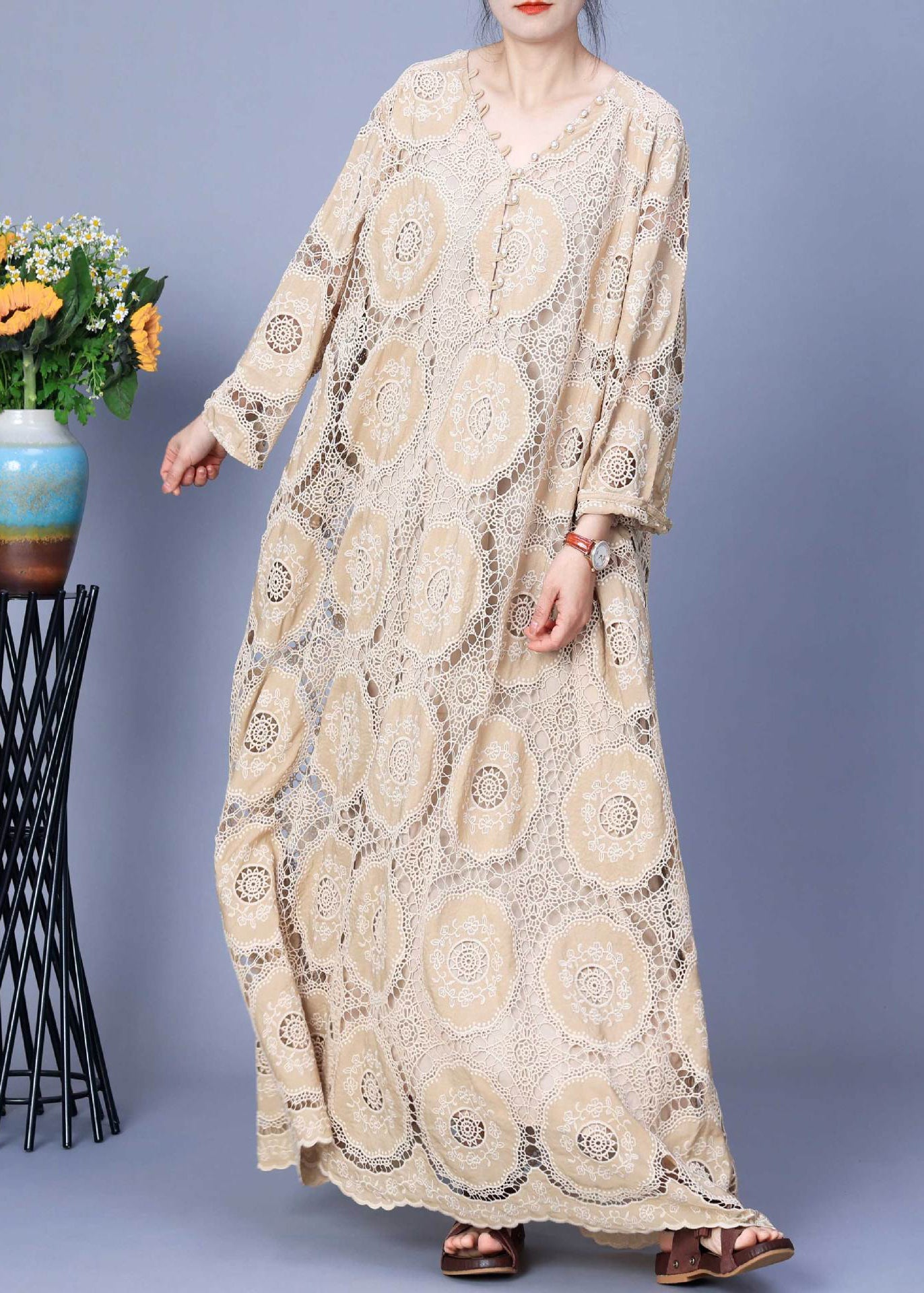 Apricot Hollow Out Lace Patchwork Cotton Long Dress Spring
