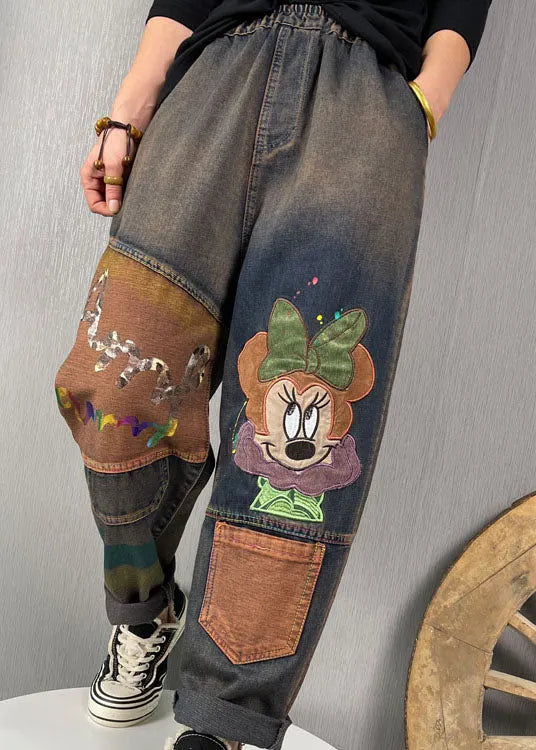 Stylish Blue Embroideried Patchwork Denim Pants Spring