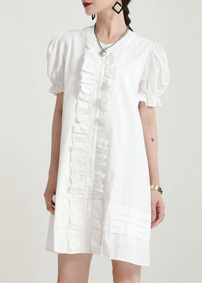 Modern White Puff Sleeve Button Summer Ruffled Dress Short Sleeve