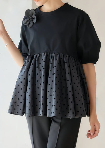 Black Dot Patchwork Flower Decorated Cotton Tank Summer