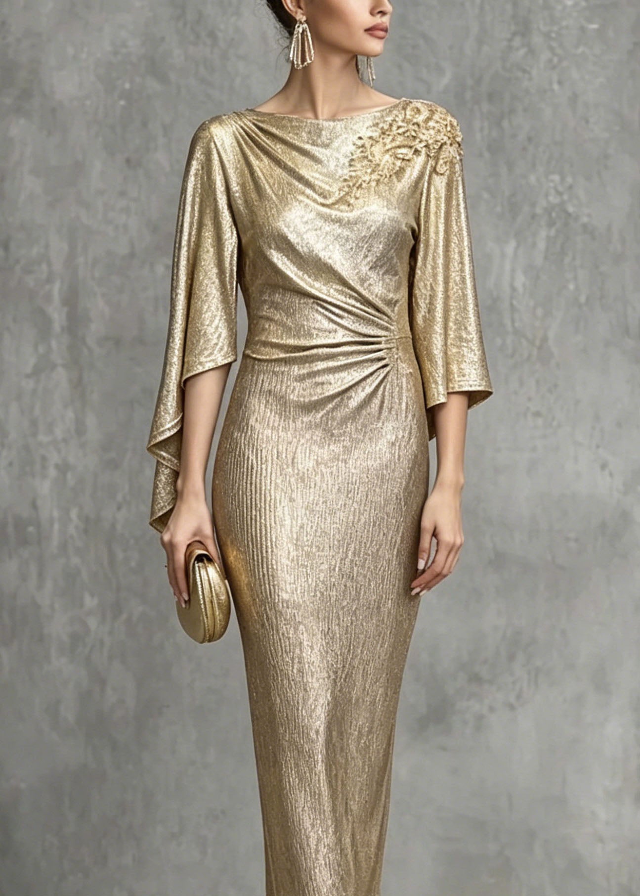 Champagne Asymmetrical Design Zircon Wrinkled Dress Summer