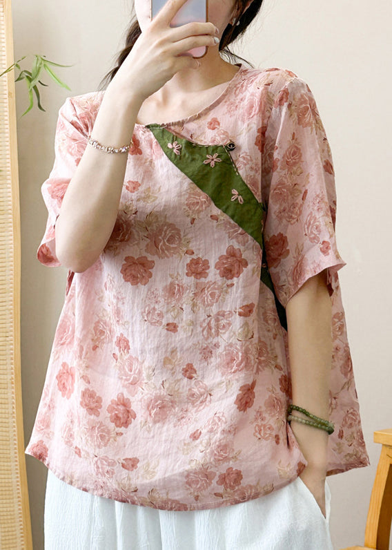 Stylish Print O-neck Ramie T Shirt Short Sleeve