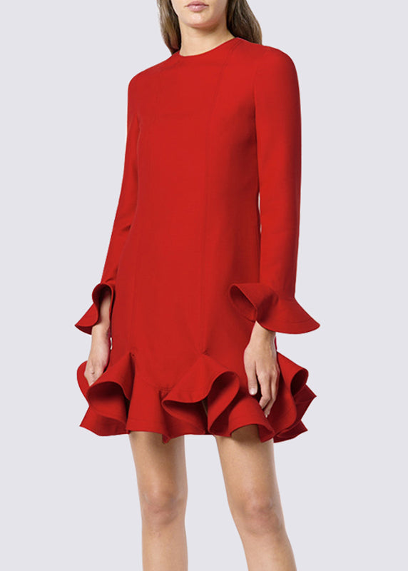 Red O-neck Ruffled Patchwork Mid Dress Spring