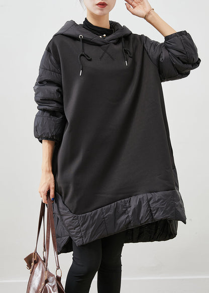 Black Hooded Patchwork Thick Cotton Pullover Sweatshirt Dress Fall