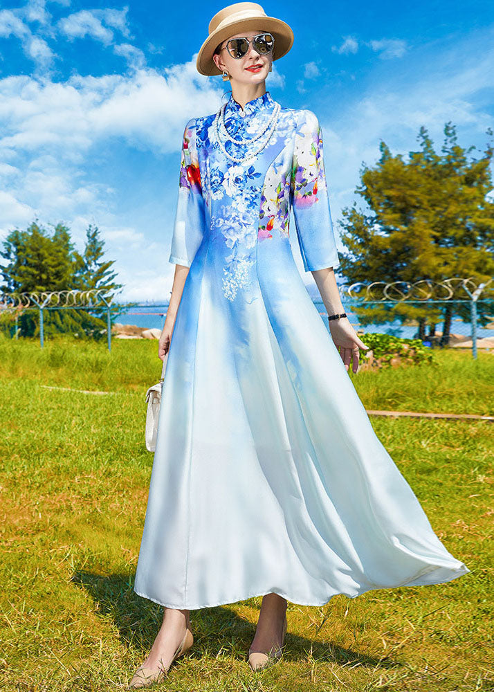 Sky Blue Stand Collar Print Exra Large Hem Silk Dress Cheongsam Bracelet Sleeve