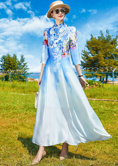 Sky Blue Stand Collar Print Exra Large Hem Silk Dress Cheongsam Bracelet Sleeve